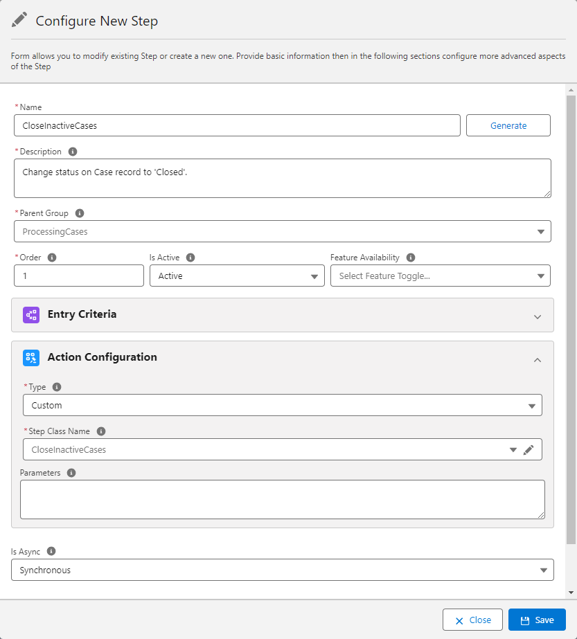 Configure CloseInactiveCases Step