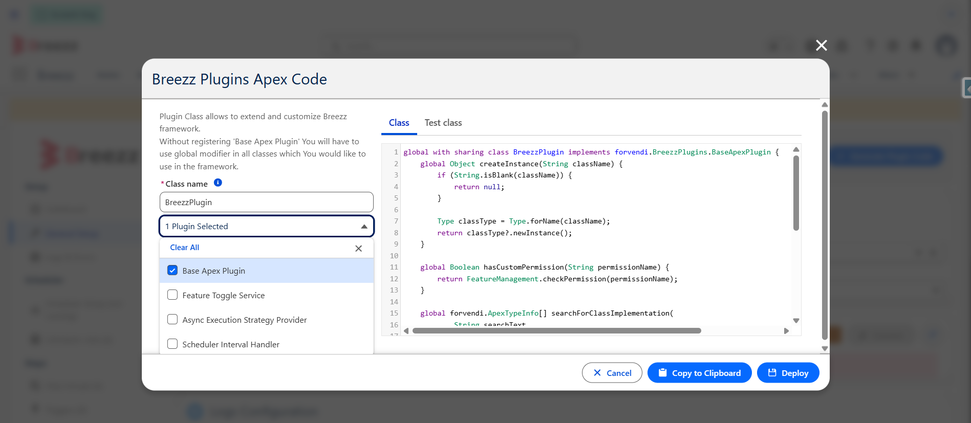 Breezz Setup, Add Breezz Plugin Apex Code Window