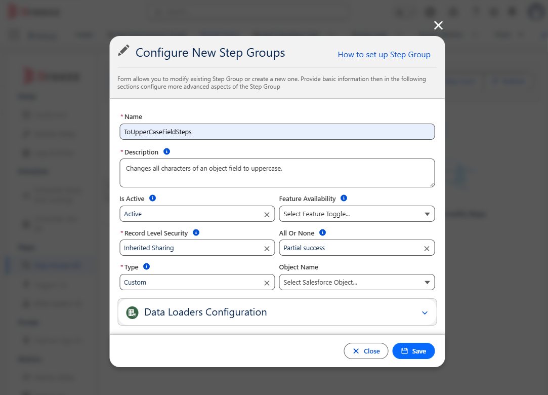 Step configuration window and type dropdown